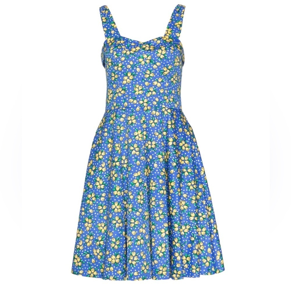 REVIEW retro floral, blue and white polkadot dress. Size 6.